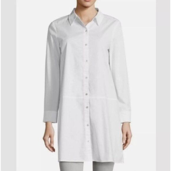 Eileen Fisher White Button Up Blouse Top Tunic XS Cotton Poplin EUC Classic - Picture 1 of 9